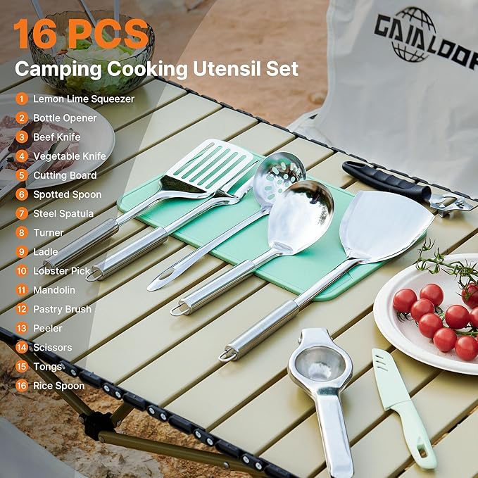 Portable Camping Cooking Utensils Set, Camp Kitchen Set with Organizer Bag, RV Essentials Outdoor Cooking Utensil Kit for Travel, Picnics, Camping, BBQs, Parties