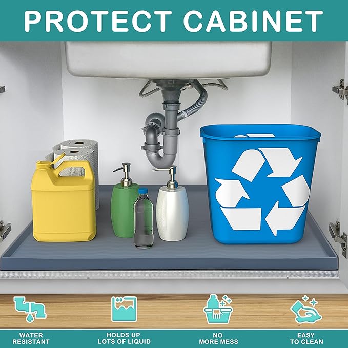 URMONA Waterproof Silicone Under Sink Mat 28'' x 22'' Shelf Liner for Kitchen and Bathroom, Cabinet and Counter Protector, Storage and Organizers, Litter Mat, Pet Cat Puppy Essentials(Khaki)