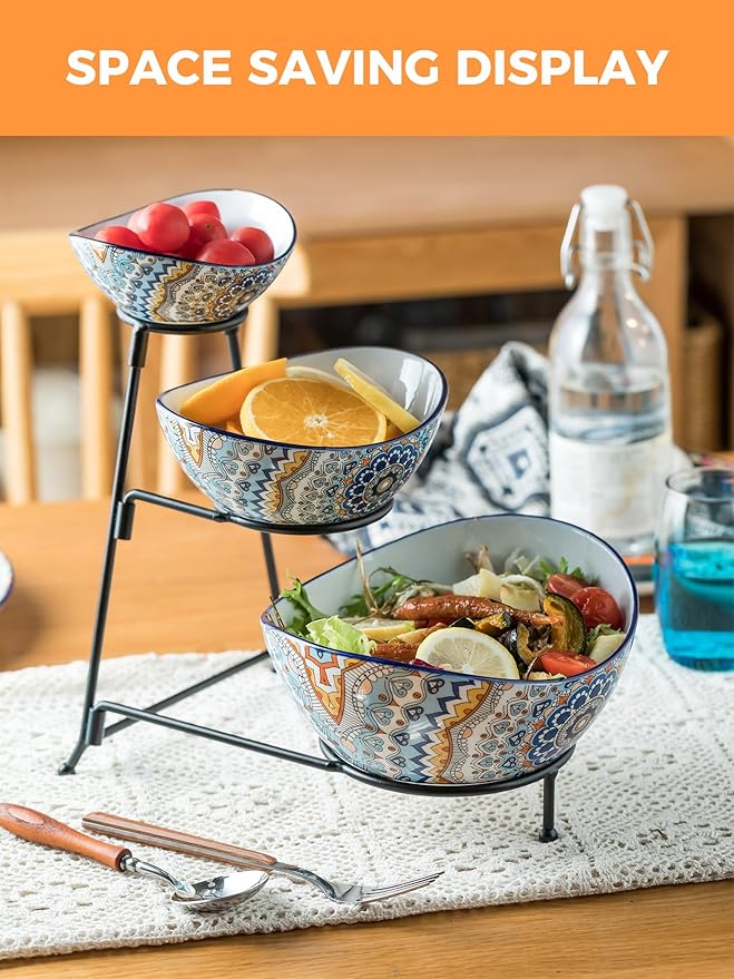 YHOSSEUN 3 Tier Serving Bowls, Serving Dishes for Entertaining Porcelain Serving Trays and Platters Tiered Bowl Set with Collapsible Thicker Sturdier Metal Rack