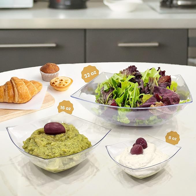 R-kay 6 Pack Square Plastic Serving Bowls - Clear Plastic bowls 32 Oz - Salad Bowls Large Serving, Premium Duty For Weddings Catering And Birthday parties