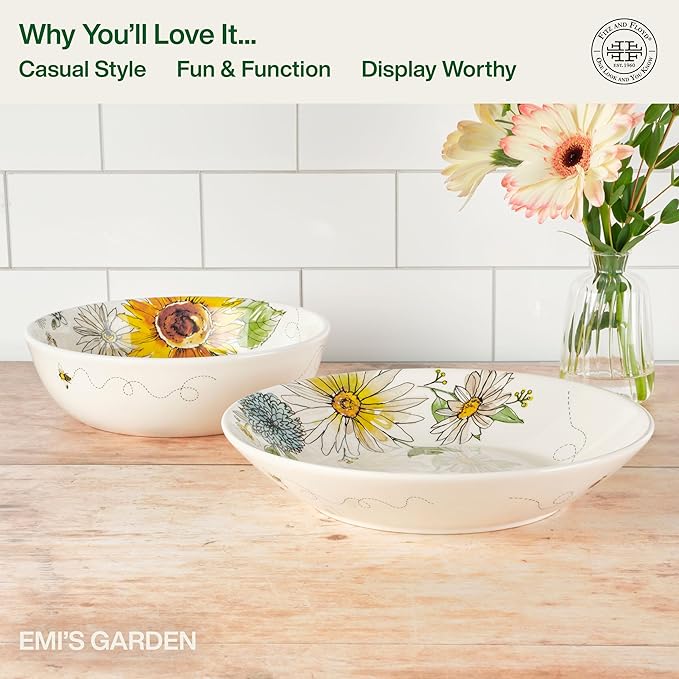 Fitz and Floyd Emi's Garden Floral Set of 2 Serving Bowls, 10.5 Inch, 8.5 Inch