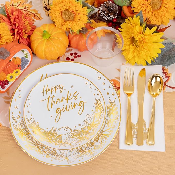 Hioasis 175pcs Thanksgiving Plastic Plates - Elegant Disposable Dinnerware Set Suitable for 25 Guests Include 10.25" Dinner & 7.5" Dessert Plates, Knives,Forks,Spoons, Cups,Napkins for Thanksgiving