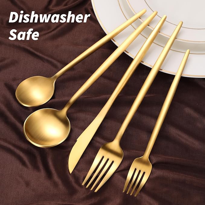 20-Piece Gold Silverware Set for 4, 18/10 Stainless Steel Flatware with Thick Spoons and Forks, Matte Golden Cutlery, Eating Kitchen Utensils for Home Restaurant Wedding, Dishwasher Safe