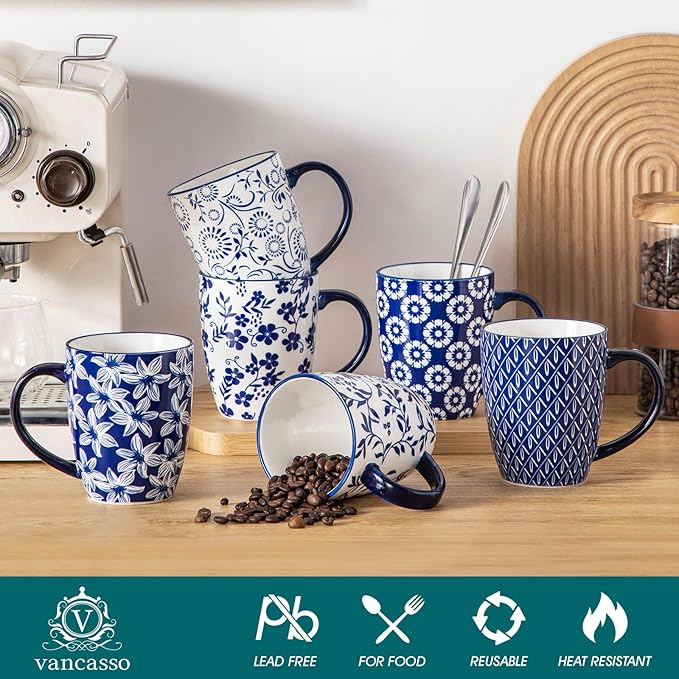 vancasso SELENE Large Coffee Mugs Set of 6, 16 Oz Porcelain Coffee Cups with Handle, Ceramic Tea Cup for Cappuccino, Latte, Tea, Cocoa, Dishwasher & Microwave Safe Gift Sets, Vintage Blue