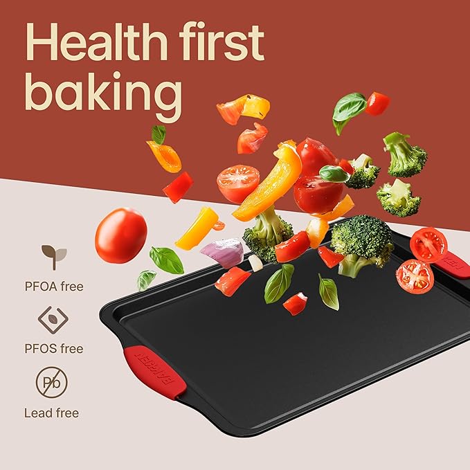 Baking Set – 8 Piece Kitchen Oven Bakeware Set – Deluxe Non-Stick Black Coating Inside and Outside – Carbon Steel – Red Silicone Handles – PFOA PFOS and PTFE Free by Bakken