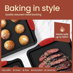 BAKKEN Kitchen Baking Pans - Medium (15.15 × 10.03") and Large (17.1 x 11.8") Nonstick Sheets, Carbon Steel Cookie Sheets with Red Silicone Handles, PFOA, PFOS, PTFE Free, Oven Safe (450°F), Set of 2