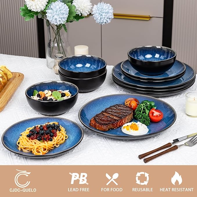 Plates and Bowls Sets for 4 - CJDC-QUELO 12-Piece Stoneware Dinnerware Sets, Ceramic Dishware Set for Kitchen Use and Formal Dining, Chip and Scratch Resistant Microwave Dishwasher Safe, Blue