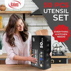 Kaluns 50 PCS Silicone Kitchen Utensils Set Complete Kitchen Set - 800°F Heat Resistant Non-Stick Premium Cooking Utensils W Wooden Handles - Can Opener, Masher, Turner, Silicone Spatula Set