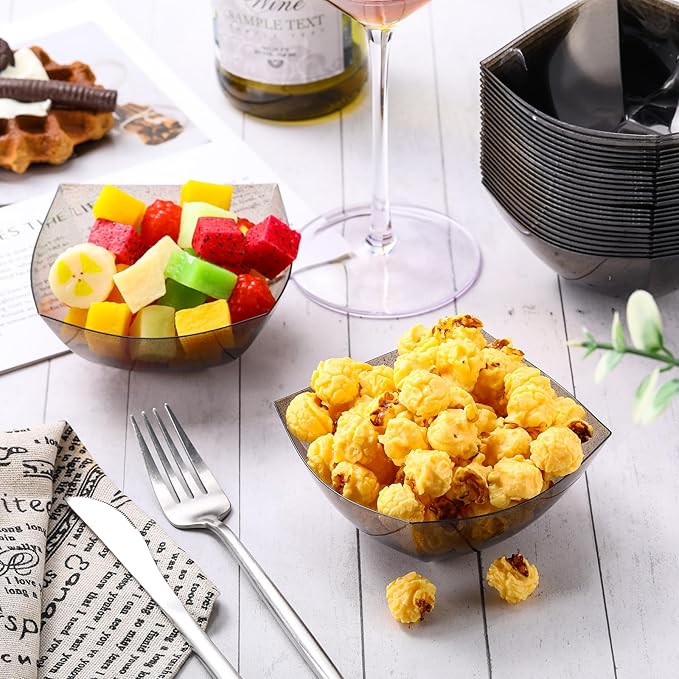 Tanlade 50 Pcs Square Plastic Serving Bowls Disposable Snack Salad Bowl Small Glitter Bowls Party Candy Containers Taco Serving Dishes for Buffet Chips Fruit (Black,8 oz)