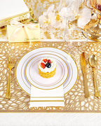 GATHER 350PCS Gold Plastic Plates - White and Gold Disposable Plastic Dinnerware Set Include 50 Dinner Plates, 50 Dessert Plate, 150 Silverware, 50 Napkins, 50 Cups for Party & Wedding