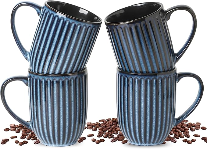 HASENSE 16 oz Ceramic Coffee Mugs Set of 4, Ribbed Navy Blue Coffee & Tea Cups, Dishwasher & Microwave Safe, Ideal for Housewarming & Wedding Gifts