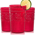 Ciaell 12 Pack Romantic Plastic Water Glasses - 14 Oz Red Vintage Drinking Glasses, Embossed Ribbed Plastic Cups, Textured Striped Set for Juice, Beverages, Beer, Cocktail