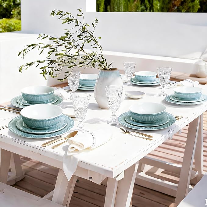 AELS Melamine Dinnerware Set of 18 Pcs, Dinner Dishes Set for Indoor and Outdoor Use, Melamine Plates and Bowls Set for 6, Dishwasher Safe, Lightweight Unbreakable, BPA Free, Green