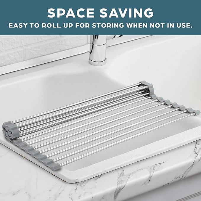 Zulay Kitchen Over The Sink Dish Drying Rack, Roll Up Heavy Duty Stainless Steel Design for Easy Storage & Durability | Dishwasher Safe 17.5” x 12.5