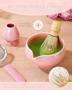 Matcha Whisk Set, 6pcs Matcha Set Includes Matcha Bowl with Spout, Bamboo Whisk & Scoop with Cute Charm, Chasen Holder, Innovative Sifter Handle, Tea Mat for Latte Making, Pale Pink
