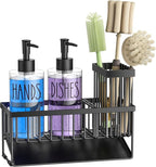 MASADI Kitchen Sink Caddy with Dish Soap Dispenser Set, 12OZ Glass Bottle, Hand and Dish Soap Dispenser Set, Non-Slip Silicone Pad, Brush Holder, Kitchen Sink Organizer Countertop (Black+Clear)