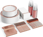 FOCUSLINE 350 Ct Rose Gold Dinnerware Set for 50 Guests, Rose Gold Lace Plastic Plates Disposable Heavy Duty, Including 50 Dinner & Dessert Plates, Cups, Napkins, Cutlery Set