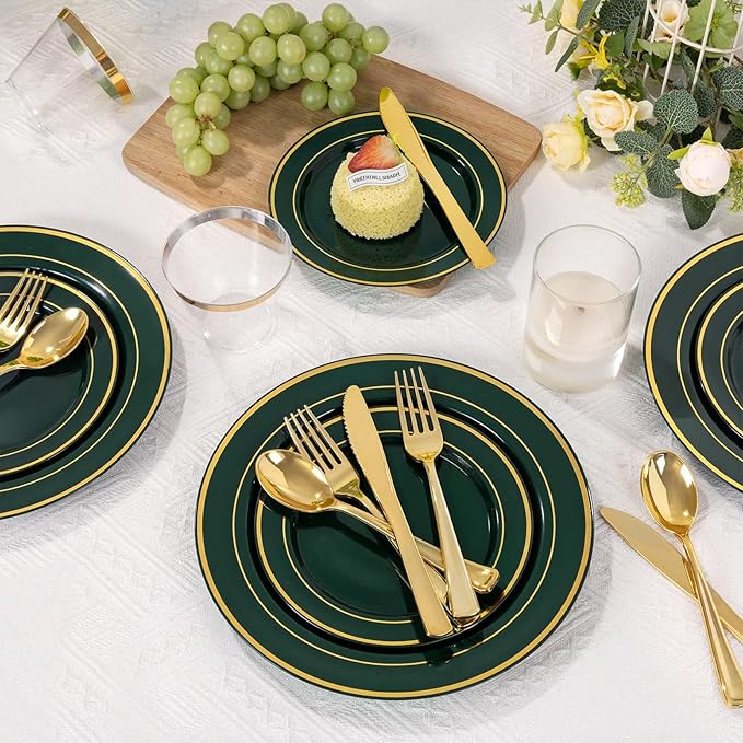 WDF Partyware 175PCS Green Plastic Plates - Green and Gold Disposable Plates 25Guests Plastic Plates with Rolled Napkins for Birthday/Party/Wedding