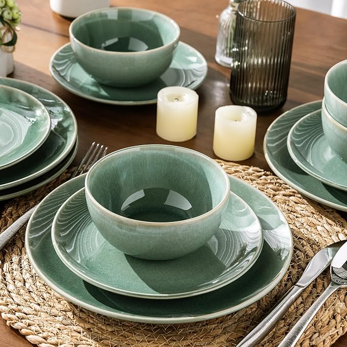 GBHOME Dinnerware Sets with Double Bowls for 6, 24 Pieces Stoneware Plates and Bowls Set, Scratch Resistant Ceramic Dishes Set, Dishwasher & Microwave Safe-Malachite Green