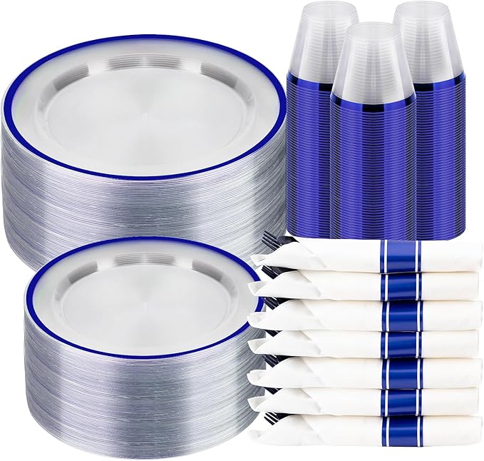 BESTSTAR 350PCS Clear and Blue Disposable Plates Set for 50 Guests, 100 Plastic Plates, 50 Cups, 50 Pre-Rolled Napkins with Plastic Cutlery for Graduation Party, Birthday, Thanksgiving, Christmas