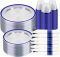 BESTSTAR 350PCS Clear and Blue Disposable Plates Set for 50 Guests, 100 Plastic Plates, 50 Cups, 50 Pre-Rolled Napkins with Plastic Cutlery for Graduation Party, Birthday, Thanksgiving, Christmas
