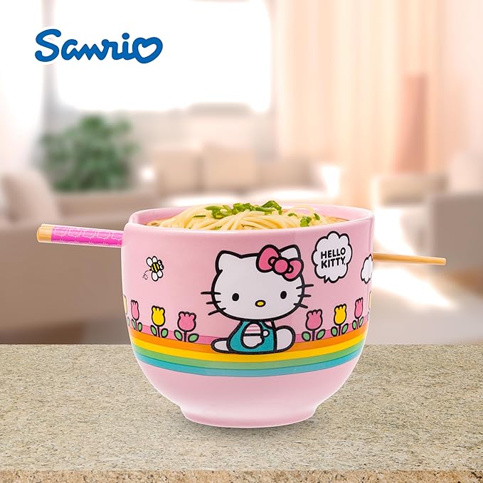 Silver Buffalo Hello Kitty Spring and Summer Flowers Rainbow Stripes Ceramic Ramen Noodle Rice Bowl with Chopsticks, Microwave Safe, 20 Ounces