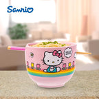 Silver Buffalo Hello Kitty Spring and Summer Flowers Rainbow Stripes Ceramic Ramen Noodle Rice Bowl with Chopsticks, Microwave Safe, 20 Ounces