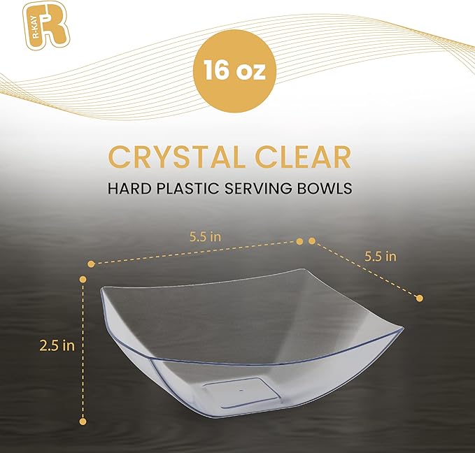 R-kay 6 Pack Square Plastic Serving Bowls - Clear Plastic bowls 16 Oz - Disposable Serving Bowls Heavy Duty For Weddings Catering And Birthday parties