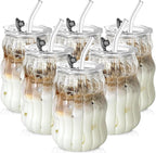 KEMORELA 6PCS Vintage Ribbed Glass Cups – 18oz Wavy Design with Lids & Straws, Clear Bubble Aesthetic for Iced Coffee & Drinks