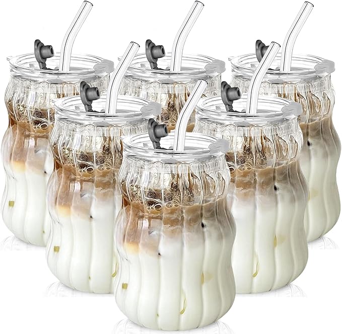 KEMORELA 6PCS Vintage Ribbed Glass Cups – 18oz Wavy Design with Lids & Straws, Clear Bubble Aesthetic for Iced Coffee & Drinks