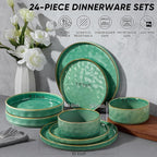 E-far 24-Piece Plates and Bowls Sets with Pasta Bowls - Stoneware Dinnerware Set for 6, Modern Ribbed Dishes, Microwave & Dishwasher Safe, Reactive Green