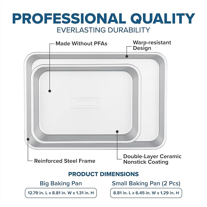 Viking Premium Nonstick Ceramic Baking Sheet Pan Set, Made without PFAS, 3-Piece Heavy Gauge Aluminized Steel Cookie Sheets with Reinforced Iron Frame, 9 and 13-Inch Baking Pans, Oven Safe to 475F