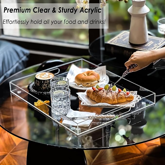 Extra Large Serving Tray with Handles, Acrylic Tray for Food, Drinks, Snacks and Appetizer, Rectangular Trays for Eating, Lucite & Coffee Table Trays, Acrylic Makeup Organizer 16" × 20"