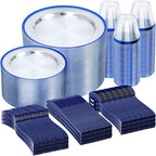 N9R 600PCS Disposable Plastic Plates, Blue Plastic Dinnerware Set Includes 100 Dinner Plates, Dessert Plate, Cups, Spoons, Forks, Knives for 100 Guests, Perfect for Party, Wedding, Birthday