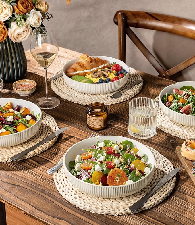 theterra 8.5'' Ceramic Pasta Bowls, Salad Bowls Set of 4, Stoneware Serving Bowls for Fruits, Noodle, Dinner, House-warming Wedding Present, Reactive White