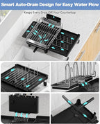 Expandable Dish Drying Rack, Dish Racks for Kitchen Counter, Stainless Steel 304, Flip-Top Retractable Plate, Multi-Directional Adjustable Dish Rack, Space Saving Large Drying Rack Kitchen, Black