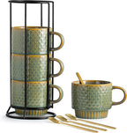LYEOBOH Coffee Mug, Coffee Mugs Set of 4, Stackable Coffee Mugs with Rack and Spoons - 13 Oz Cup Set with Stand, Ceramic Mugs for Home & Kitchen, Blue and Green