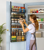 Over The Door Pantry Organizer, Pantry Storage and Organization, 6-Tier Adjustable Hanging Baskets, Metal Wall Mount Spice Rack Seasoning Shelves for Home & Kitchen, Laundry Bathroom - Black