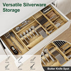 Bamboo Silverware Drawer Organizer, 17.7-29.5 Inch Expandable Large Kitchen Drawer Organizer, 5-8 Slot Flatware with Removable Card Slots & Knife Block for Spoon Butter Knive, Natural