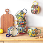 Henten Home Ceramic Coffee Mug Set of 6, 20 oz Colorful Coffee Cup with Handle, Boho Porcelian Mug for Cappuccino, Latte, Tea, Hot Chocolate, Cocoa, Microwave & Dishwasher Safe