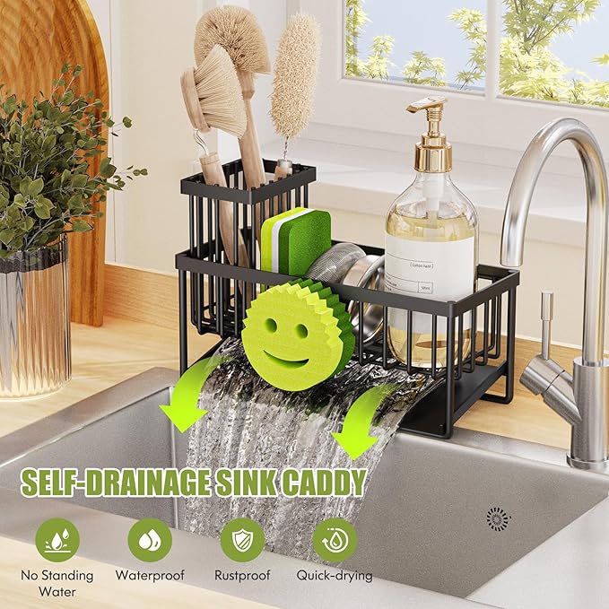 MURLONG Kitchen Sink Organizer,Sink Caddy Organizer with Removable Brush Holder,Self-Draining Countertop Organizers and Storage Essentials,Home Decor and Kitchen Gadgets-Black