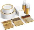 FOCUSLINE 350 Ct Gold Dinnerware Set for 50 Guests, Gold Lace Plastic Plates Disposable Heavy Duty, Including 50 Dinner & Dessert Plates, Cups, Napkins, Cutlery Set