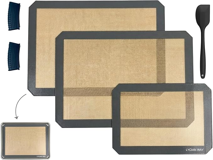 Silicone Baking Mat Set of 2 Half Sheet 1 Quarter Sheet Nonstick Reusable Baking Sheet Liners for Cookies Macarons Bread Pizza Pastry with Scraper and Hot Pot Handle Grips, 6 Pcs Set