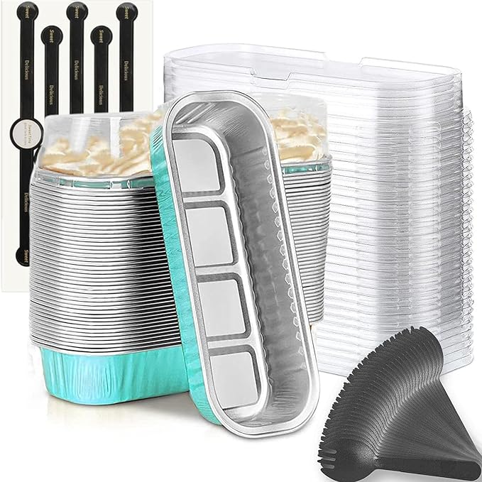 Mini Loaf Baking Pans with Lids and Spoons (50 Pack, 6.8oz) Rectangle Aluminum Foil Baking Pans Tins Containers - Cupcake Containers Wrappers Cheesecake Creme Brulee Ramekins