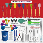Kaluns 50 PCS Silicone Kitchen Utensils Set Complete Kitchen Set - 800°F Heat Resistant Non-Stick Premium Cooking Utensils W Wooden Handles - Can Opener, Masher, Turner, Silicone Spatula Set