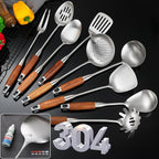 Stainless Steel Kitchen Utensils 12.5"-14" Wooden Handle Metal Cooking Utensils Set 9 PCS, Solid and Slotted Spoon, Fork, Spatula, Ladle, Skimmer, Slotted Tunner, Spaghetti Large Spoon