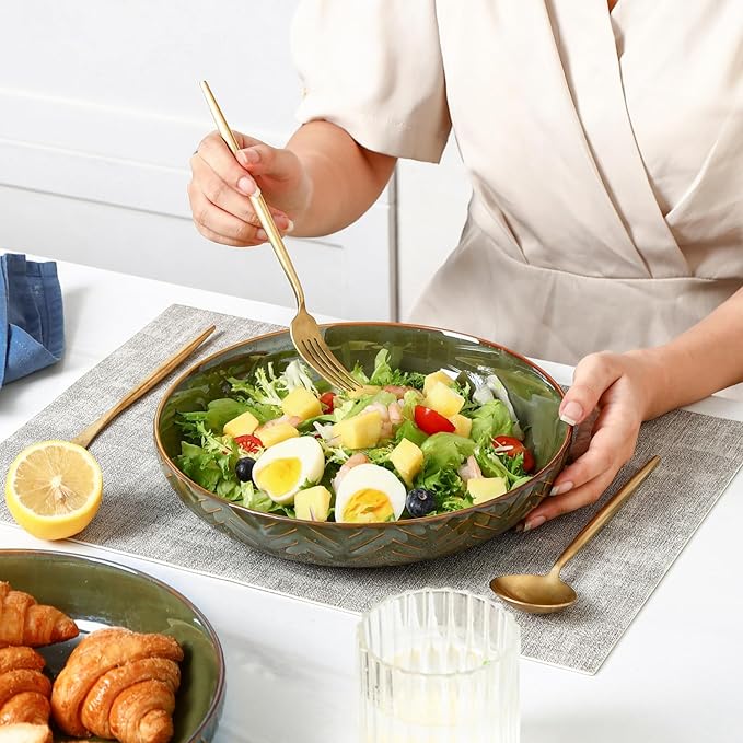 Sureasy 9.7" Pasta Bowls Set of 4, 42 oz Large Salad Bowls for Kitchen, Embossed Ceramic Serving Bowls for Fruits, Soup, Pasta and Salad, Microwave & Dishwasher Safe, Green
