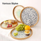 Round Rattan Tray with Mother of Pearl Inlay, Rattan Serving Tray for Coffee, Bread, Fruits, Decorative Wicker Tray for Table Decor, Home Decor, Kitchen Island Decor (Light Blue Leaf, 11.8")