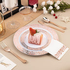 Bestluck 700PCS Rose Gold Plastic Dinnerware Set for 100 Guests, Disposable Plates for Party, Wedding, Include 100 Rose Dinner Plates, 100 Dessert Plates, 100 Set Silverware, 100 Cups, 100 Napkins