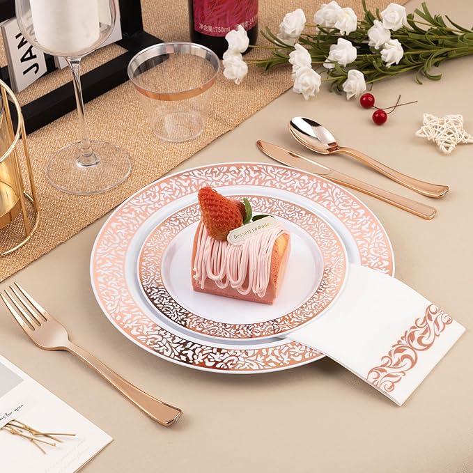 Bestluck 700PCS Rose Gold Plastic Dinnerware Set for 100 Guests, Disposable Plates for Party, Wedding, Include 100 Rose Dinner Plates, 100 Dessert Plates, 100 Set Silverware, 100 Cups, 100 Napkins